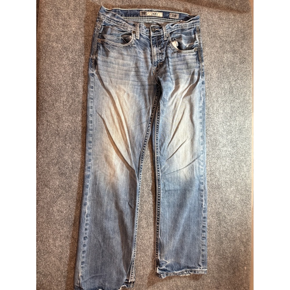 BKE Jake Mens Jeans 32R Blue Y2K Light Wash Heavy Whisker Fade Bootcut Denim